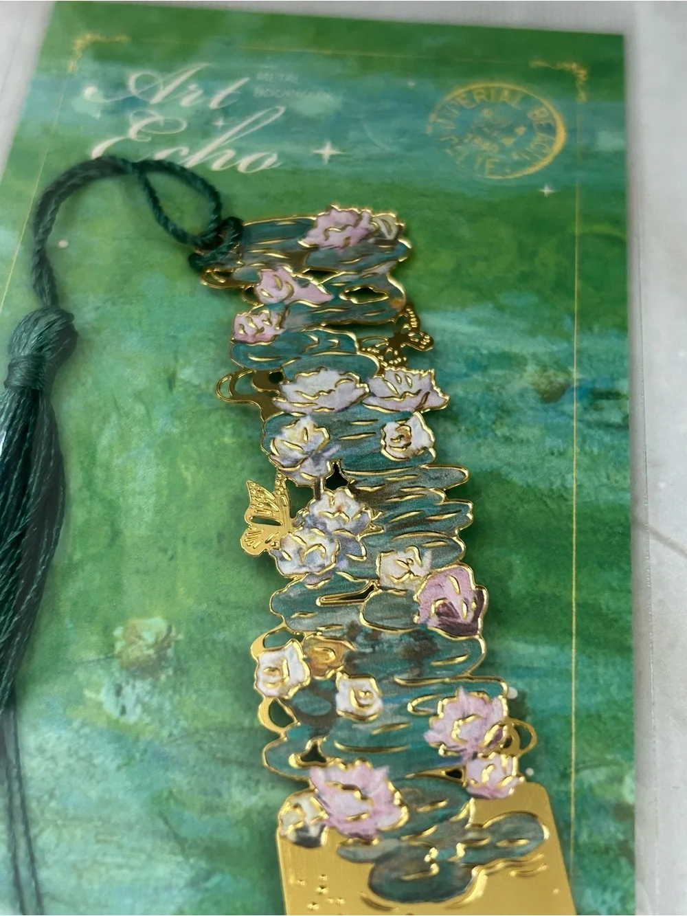 Van Gogh Gold Floral Metal Bookmark with Green Tassel